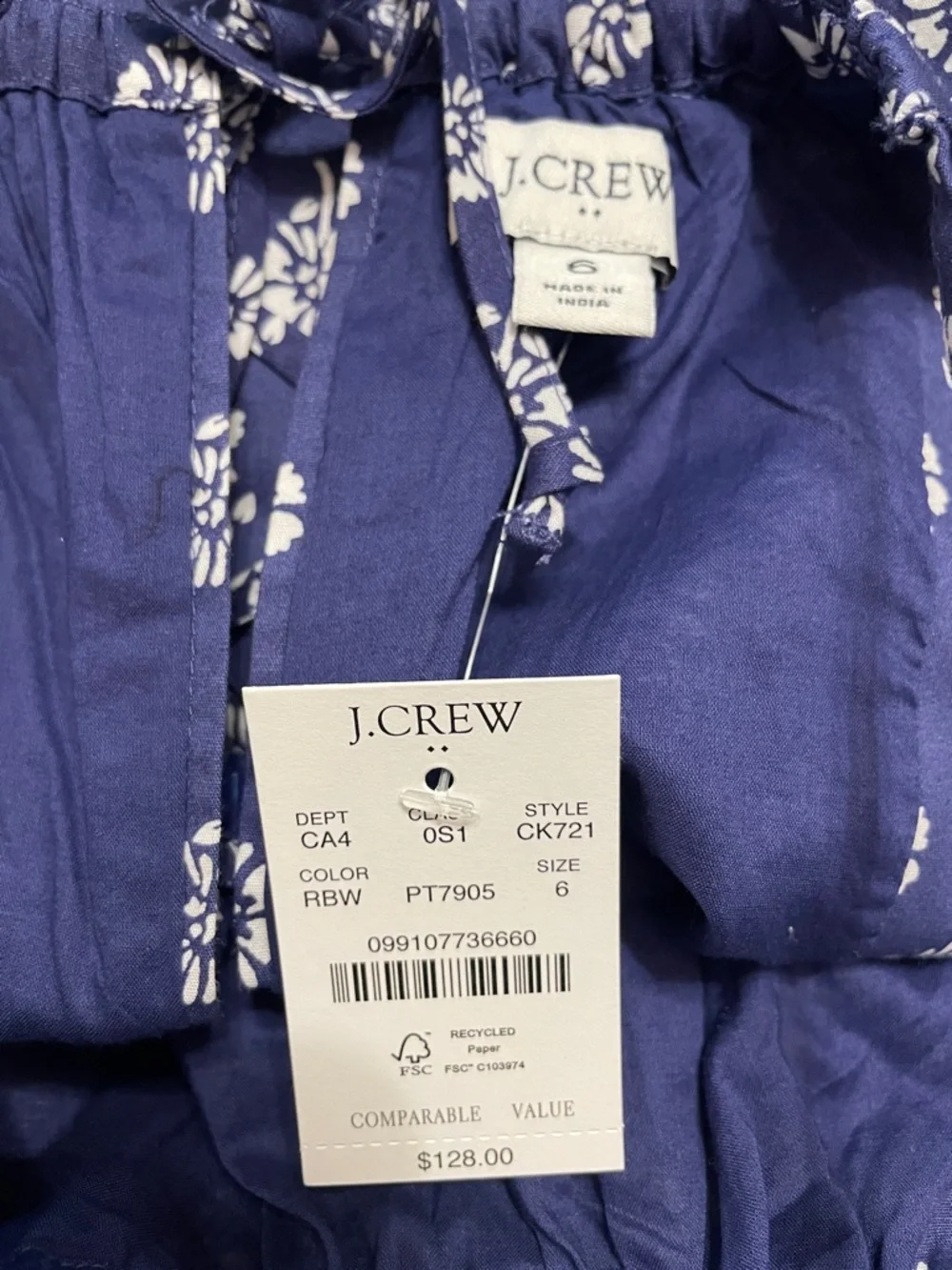 J. Crew Cotton Blue Halter Midi Dress with White Print size 6